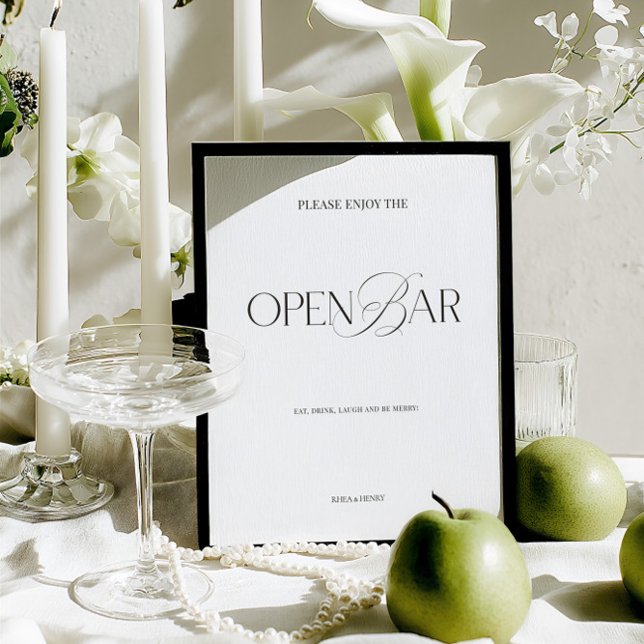 Elegantes Schwarz-Weiß-Schild für offene Bar bei m (Elegant Black & White Modern Wedding Open Bar Sign)