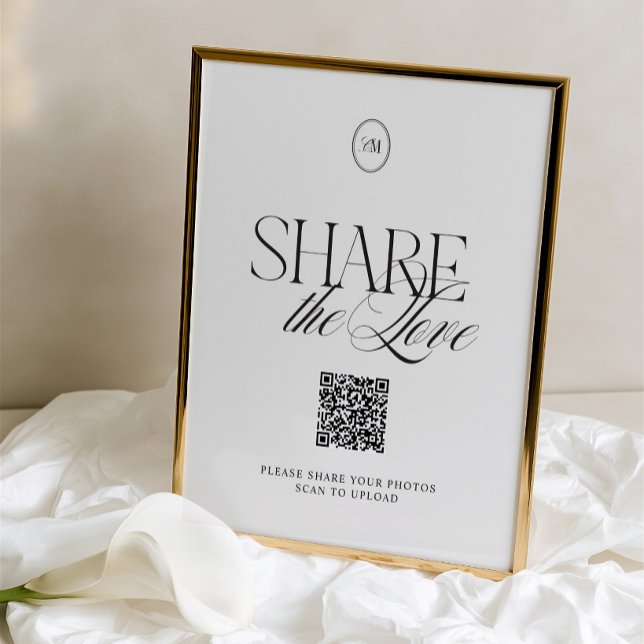 Elegantes Schwarz-Weiß-Schild mit QR-Code 'Share t (Elegant Black & White Share the Love QR Code Sign)