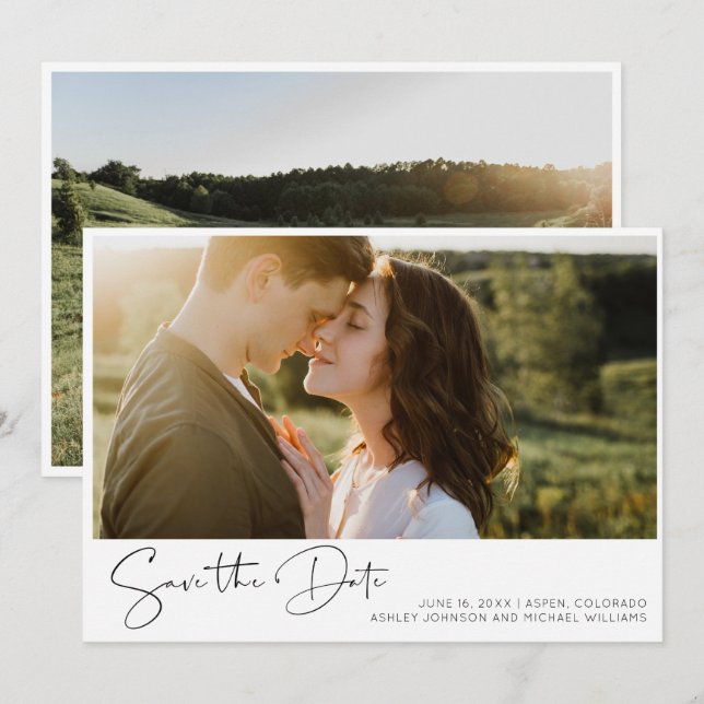 Elegantes Schwarz-Weiß-Script 2-Foto Save the Date Einladung (Vorne/Hinten)