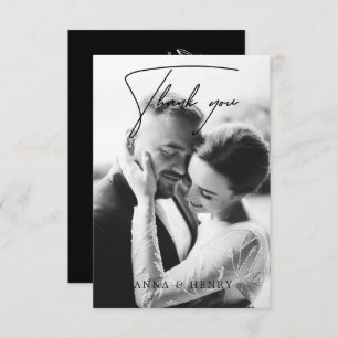 Elegantes Schwarz-Weiß-Script-Foto Hochzeit Dankeskarte