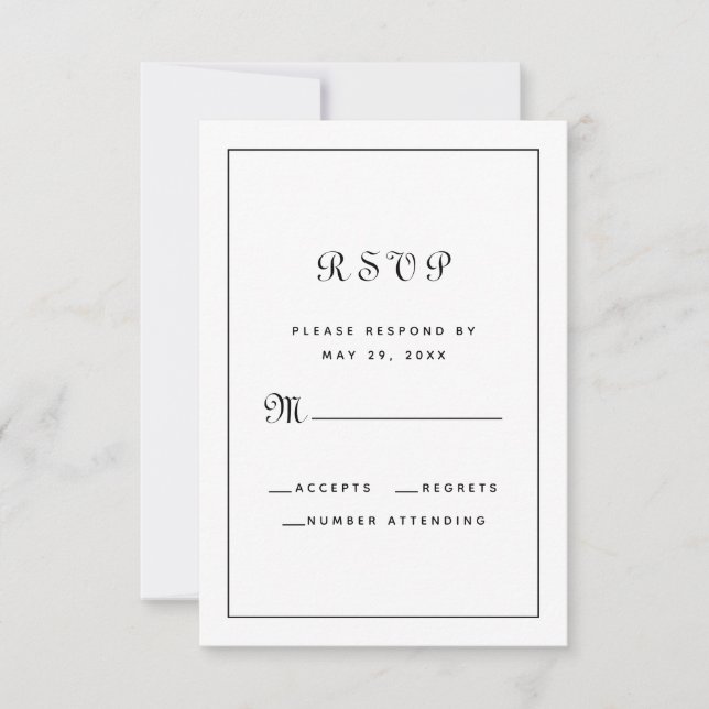 Elegantes Schwarz-Weiß-Script-Hochzeitsdatum RSVP Karte (Vorderseite)