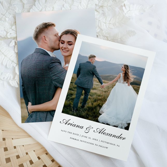 Elegantes Schwarz-Weiß-Script-Zwei-Foto Hochzeit Save The Date (Von Creator hochgeladen)