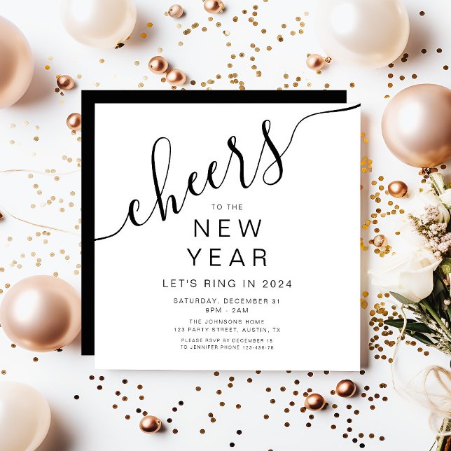 Elegantes Schwarz-Weiß-Silvester-Party Einladung (Elegant Script New Year's Eve Party Invitation)