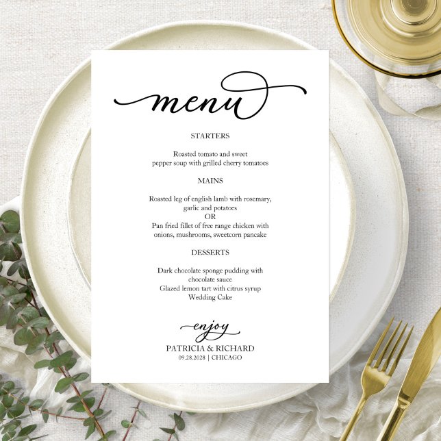 Elegantes Schwarz-Weiß-Skript-Hochzeitsmenü Menükarte (Von Creator hochgeladen)