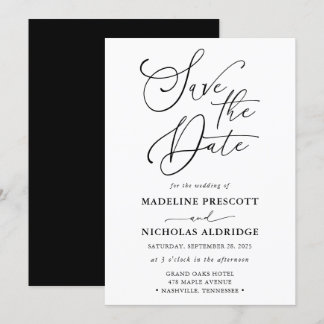 Elegantes Schwarz-Weiß-Skript Save the Date Einladung