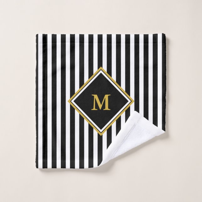 Elegantes Schwarz-Weiß Streifen Gold Monogramm Waschlappen (Waschlappen)