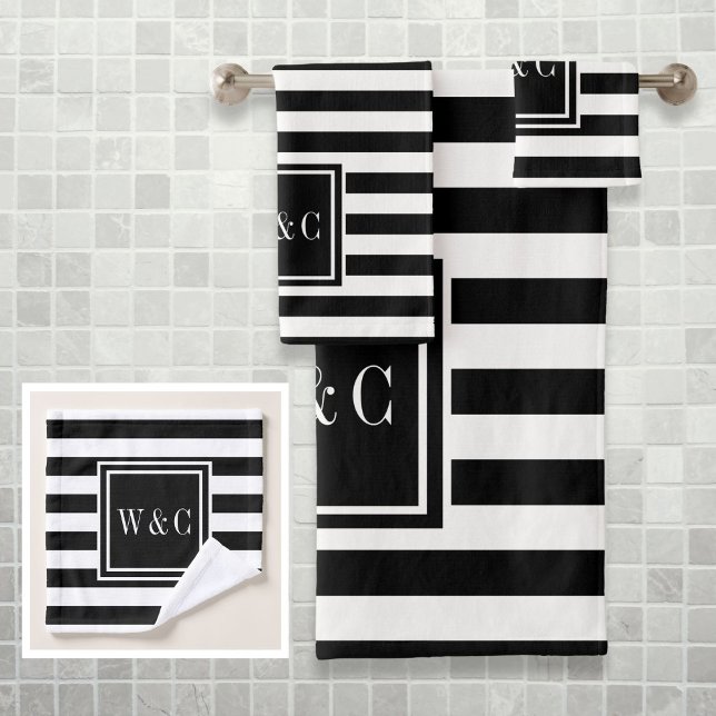 Elegantes Schwarz-weiß Stripe Monogramm Badhandtuch Set (Elegant Black White Stripe Monogram Bath Towel Set)