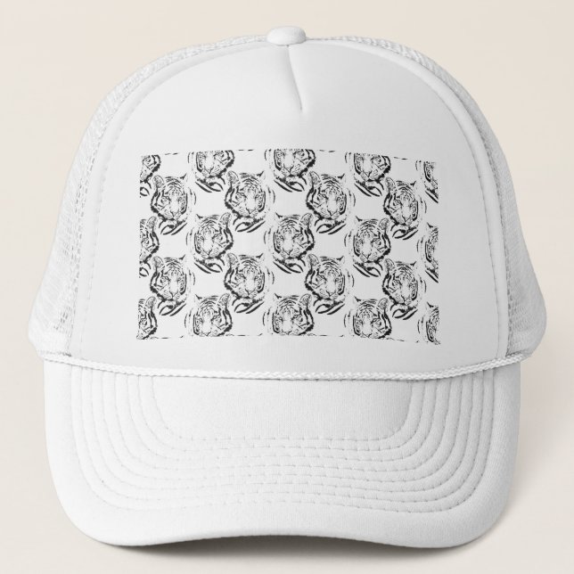 Elegantes Schwarz/Weiß Tiger Head Print Design Truckerkappe (Vorderseite)