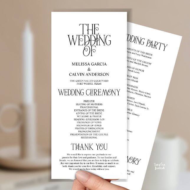 Elegantes Schwarz-Weiß-Typografie-Hochzeitsprogram Programm (Elegant Black and White Typography Modern Romantic Wedding Program Card)