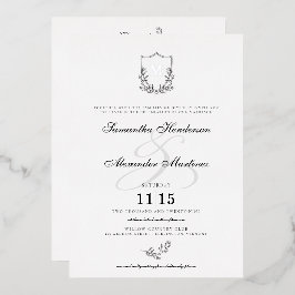 Elegantes Schwarz-Weiß-Wappen mit Details Hochzeit Folieneinladung