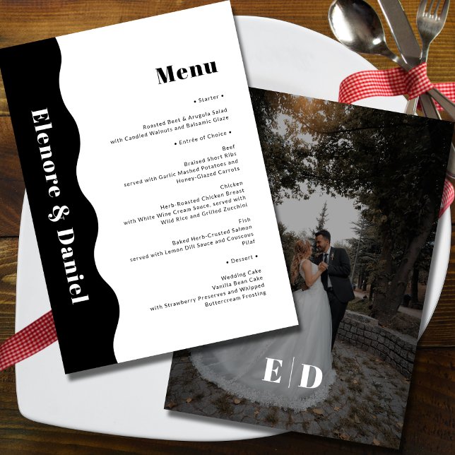 Elegantes Schwarz-Weiß-Wave-Foto Hochzeit Menükarte (Elegant Black and White Side Wave Photo Wedding Menu)