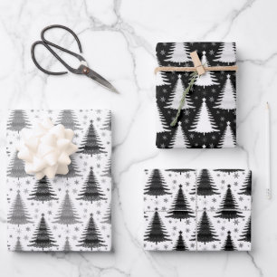 Elegantes Schwarz-Weiß-Weihnachtsbaummuster Geschenkpapier Set