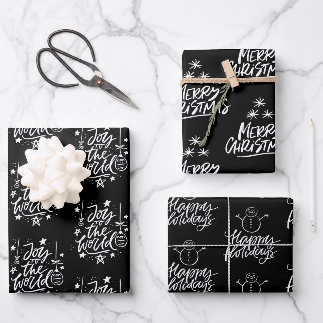 Elegantes Schwarz-Weiß-Weihnachtszitat Geschenkpapier Set (Vorderseite)