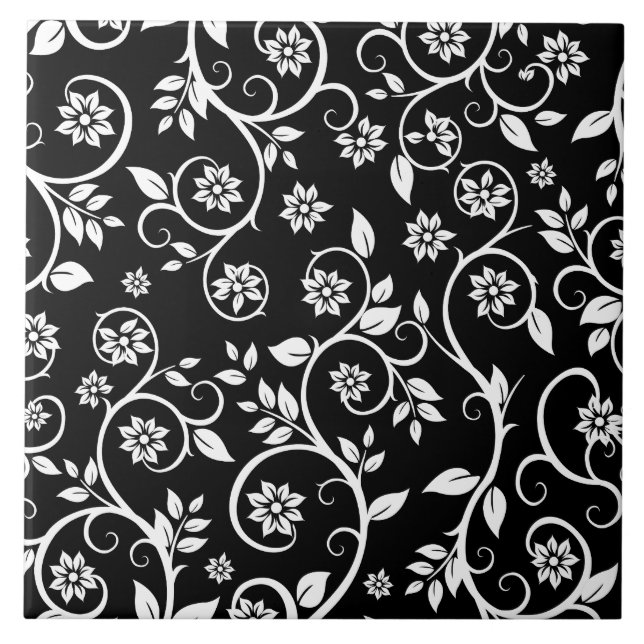 Elegantes schwarz-weißes Blumenmuster Fliese (Vorderseite)
