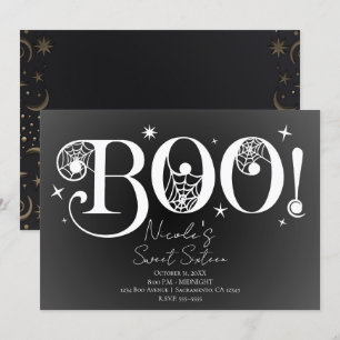 Elegantes Schwarz-weißes BOO Magisches Halloween S Einladung