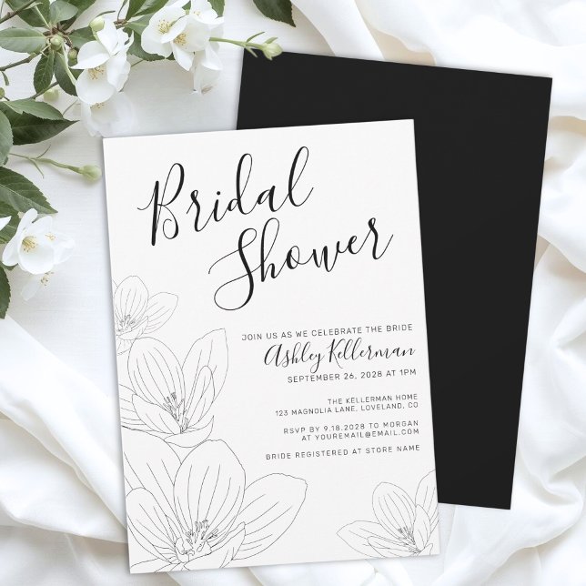 Elegantes Schwarz-weißes Brautparty Einladung (Elegant Floral Black White Bridal Shower Invitation)