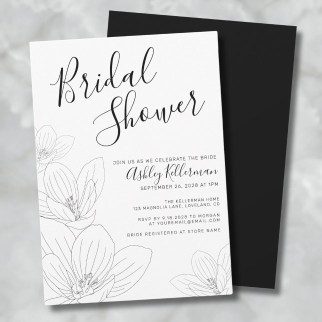Elegantes Schwarz-weißes Brautparty Einladung (Elegant Floral Black White Bridal Shower Invitation)