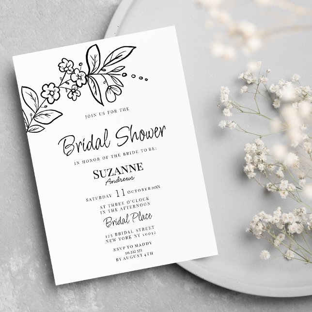 Elegantes Schwarz-weißes Brautparty mit Blumen Einladung (Elegant black white simple floral Bridal Shower)
