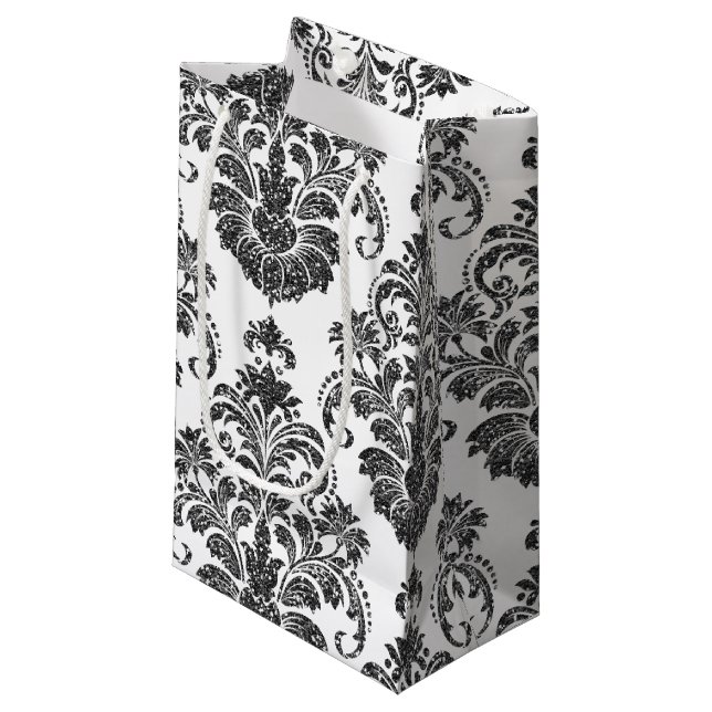 elegantes Schwarz-weißes Damask-Party Kleine Geschenktüte (Vorderseite Schrägansicht)