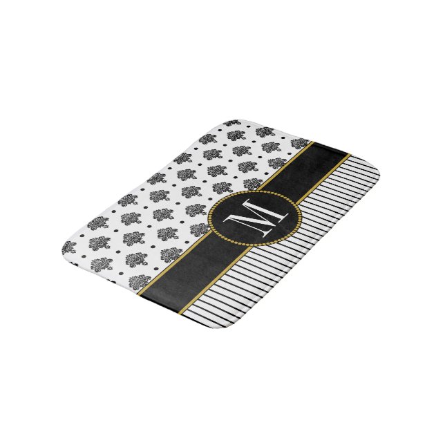 Elegantes Schwarz-weißes Damask Streifen Gold Mono Badematte (Schrägansicht)