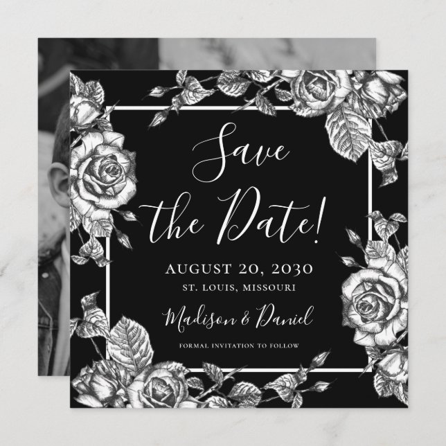 Elegantes Schwarz-weißes florales Foto Save the Da Einladung (Vorne/Hinten)