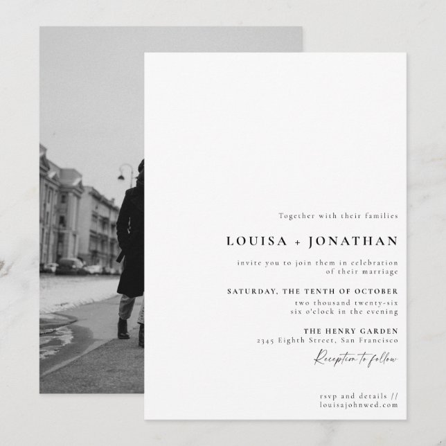 Elegantes Schwarz-weißes formales Skript-Foto Hoch Einladung (Vorne/Hinten)