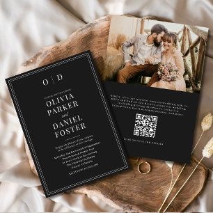 Elegantes Schwarz-weißes Foto QR Code Hochzeit Einladung