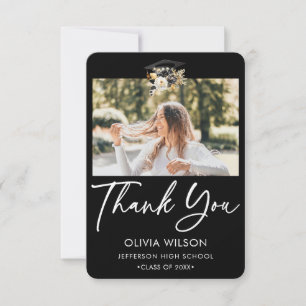 Elegantes Schwarz-weißes Gold Floral Abschluss Fot Dankeskarte