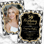 Elegantes Schwarz-weißes Gold Foto 50. Geburtstag Einladung<br><div class="desc">Elegante florale feminine 50. Geburtstagseinladung mit Ihrem Foto auf der Kartenrückseite. Glam Schwarz-weißes Design mit Imitaten Glitzer Gold. Enthält schwarz-weiße Damask-Muster,  Skript-Schriftart und Confetti. Ideal für ein stilvolles Party für Erwachsene. Personalisieren Sie Ihre persönlichen Daten. Kann für jedes Alter angepasst werden! Gedruckte Zazzle Einladungen oder Sofortdownload digitalen druckbaren Vorlage.</div>