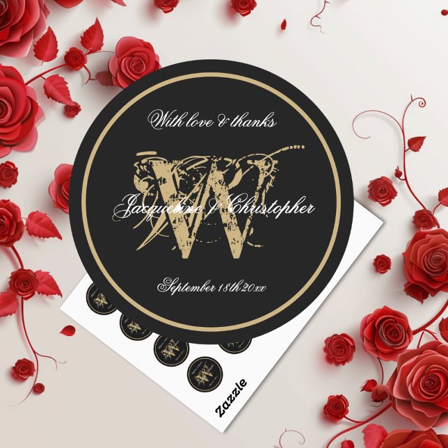 Elegantes Schwarz-weißes Gold Monogram Name Chic S Runder Aufkleber (Elegant Black White Gold Monogram Name Chic Script Classic Round Stickers.)