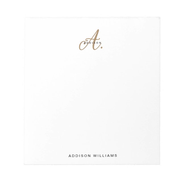 Elegantes Schwarz-weißes Gold Script Monogram Notizblock (Vorderseite)