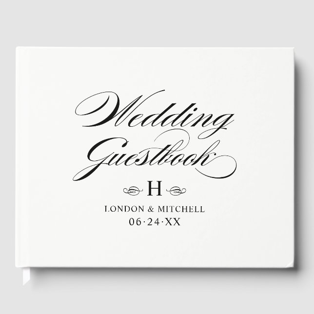 Elegantes Schwarz-weißes Hochzeitmongramm Gästebuch (Vorderseite)