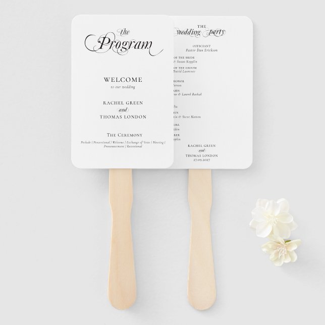 Elegantes Schwarz-weißes Hochzeitsprogramm für Kal Fächer (Vorne und Hinten)