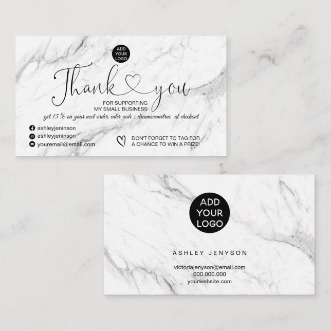 Elegantes Schwarz-weißes Marmorlogo, vielen Dank Visitenkarte (Vorne/Hinten)