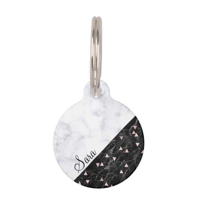 elegantes Schwarz-weißes MarmorRosengold Tiernamensmarke (Vorderseite)
