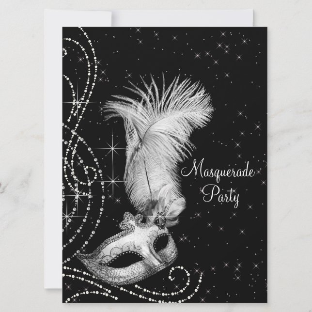 Elegantes Schwarz-weißes Masquerade-Party Einladung (Vorderseite)