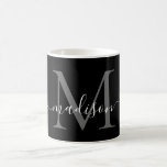 Elegantes Schwarz-weißes Monogram Script Stilvoll  Kaffeetasse<br><div class="desc">Elegante Schwarz-weiße Monogram Script Stilvolle Black Coffee Tasse</div>