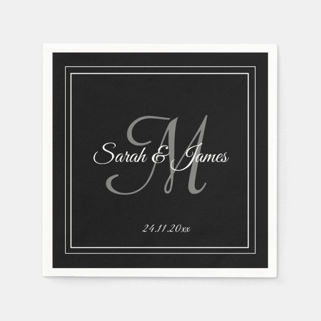 Elegantes Schwarz-weißes Monogram Wedding Paper Na Serviette (Vorderseite)