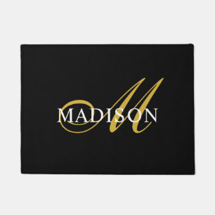 Elegantes Schwarz-weißes Monogramm-Gold-Script Fußmatte