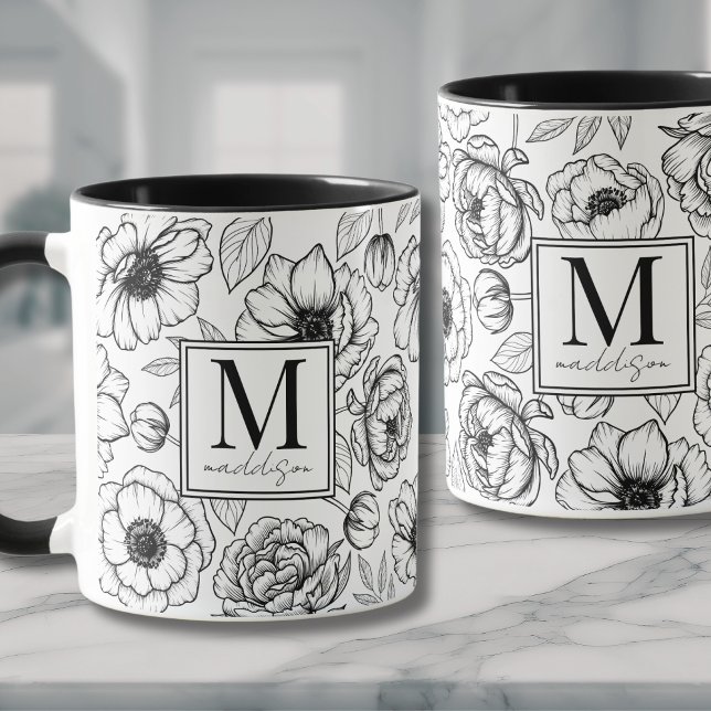 Elegantes Schwarz-weißes Monogramm Tasse (Elegant Black White Monogram Mug)