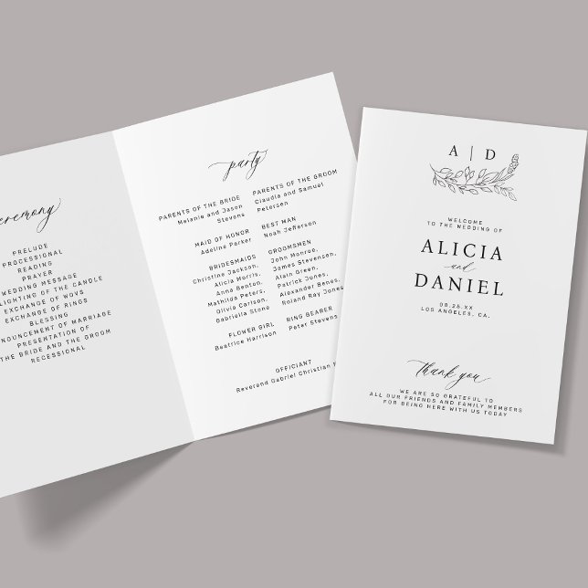 Elegantes schwarz-weißes Monogramm zur Hochzeit  Programm (Von Creator hochgeladen)