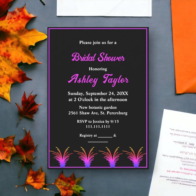 Elegantes Schwarz-weißes Neon Grass Fall Brautpart Einladung (Von Creator hochgeladen)