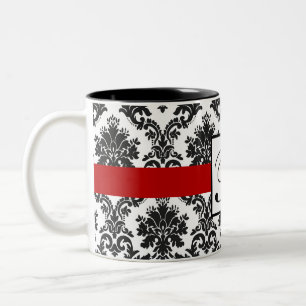Elegantes Schwarz-weißes Red Damask Monogramm Zweifarbige Tasse