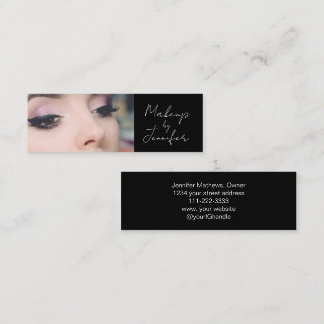 Elegantes Schwarz-weißes Script-Foto Makeup Mini Visitenkarte (Vorne/Hinten)