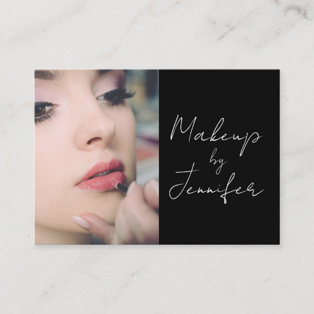 Elegantes Schwarz-weißes Script-Foto Makeup Visitenkarte (Vorderseite)