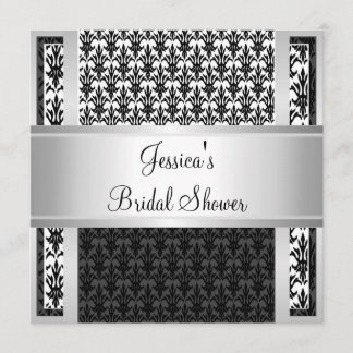 Elegantes Schwarz-weißes Silver Damask Brautparty Einladung