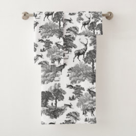 Elegantes Schwarz-weißes Toile Deer Woodland Badhandtuch Set