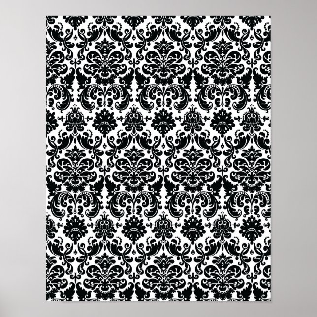 Elegantes, Schwarz-weißes Vintages Damask-Muster Poster (Vorne)