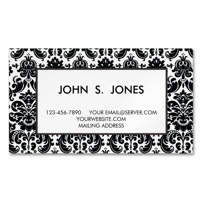 Elegantes Schwarz-weißes Vintages Damast-Muster Magnetische Visitenkarte (Vorderseite)