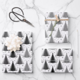 Elegantes Schwarz-weißes Weihnachtsbaummuster Geschenkpapier Set